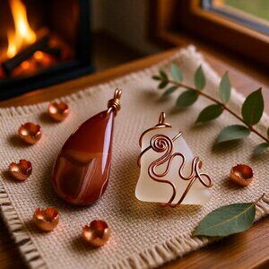 2 Pendant Bundle: Russet Agate Teardrop & Wire Wrapped Tumbled Glass Pendants